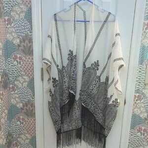 Elegant Black and White Sheer Shawl with Fringe
